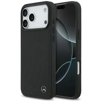 Чехол Mercedes для iPhone 17 Pro Max Leather Large Laurel Leave MagSafe, черный