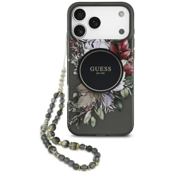 Чехол Guess IML Flowers Pearl Strap MagSafe для iPhone 17 Pro Max — черный