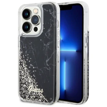 Guess iPhone 14 Pro vāciņš Liquid Glitter Marble, melns
