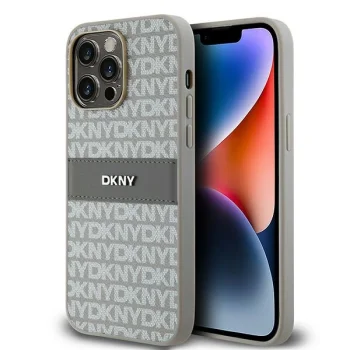 DKNY iPhone 14 Pro Max vāciņš Leather Mono Stripe & Metal Logo, bēšs