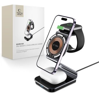 Tech-Protect QI15W-A29 3‑in‑1 induktīvā lādētājs ar MagSafe viedtālrunim / Apple Watch / AirPods – melns