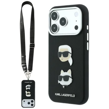 Karl Lagerfeld Saffiano Karl&Choupette vāciņš iPhone 18 Pro / 17 Pro ar siksniņu, melns