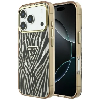 Чехол Guess IML Zebra Glitter Triangle Logo MagSafe для iPhone 17/18 Pro Max, золотой
