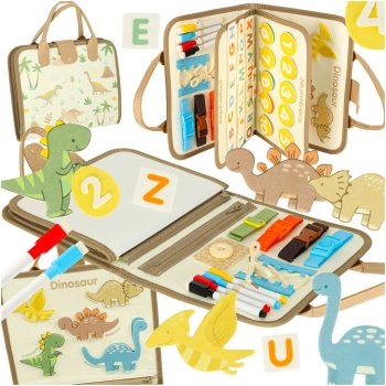 Montessori sensory busy board for kids, portable case with dinosaurs