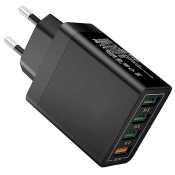 Ātrais sienas lādētājs 4xUSB ar Quick Charge 3.0, melns