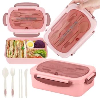 Lunch Box with Compartments and Cutlery, Pink