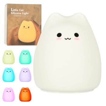 Naktslampiņa bērniem silikona kaķis, mīksta RGB LED skārienjutīga lampa, balta