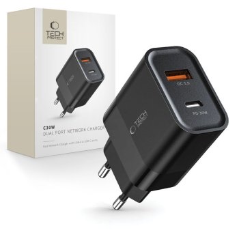 Tech-Protect C30W lādētājs USB-C PD 30W / USB-A QC 3.0 – melns