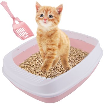 Open Cat Litter Box with Rim and Large Scoop, Pink