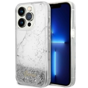 Guess iPhone 14 Pro vāciņš Liquid Glitter Marble, balts