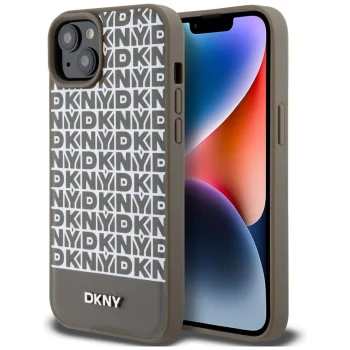 DKNY чехол для iPhone 15 Leather Printed Pattern MagSafe, коричневый