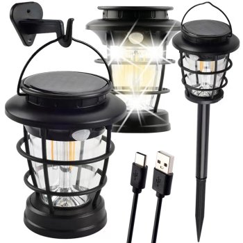 Saules dārza lampa LED laterna ar kustības sensoru USB, melna