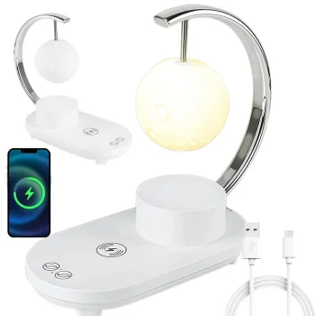 Mēness formas RGB naktslampiņa ar 10W bezvadu lādētāju un Bluetooth skaļruni