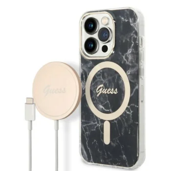 Apple iPhone 14 Pro Max 6.7'' Guess Marble MagSafe Case Cover + Charger (GUBPP14XHMEACSK), Black | Чехол Кейс...