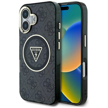 Guess IML Metal Glitter 4G Circle Triangle MagSafe vāciņš Apple iPhone 16, Melns