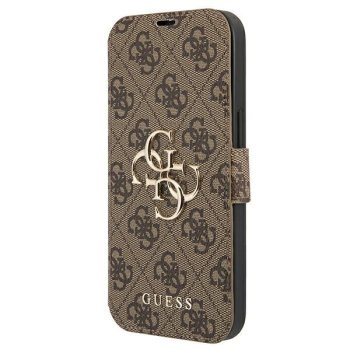 Guess 4G Big Metal Logo atverams vāciņš maciņš grāmatiņa iPhone 13 / 13 Pro, brūns