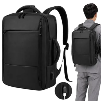 Vīriešu biznesa mugursoma portatīvajam datoram ar USB, melna