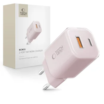 Tech-Protect NCM33W 2-portu PD33W/QC3.0 sienas lādētājs – rozā