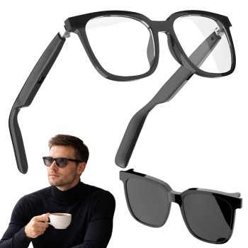 Viedās Bluetooth brilles ar skaļruņiem un saulesbriļļu uzliku, melnas