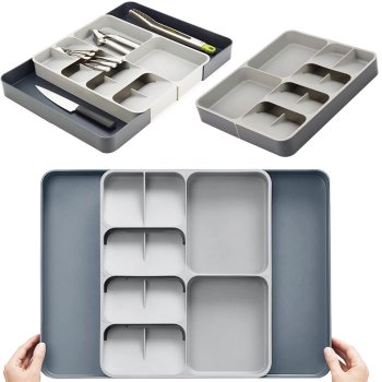 Expandable Cutlery Tray and Kitchen Drawer Organizer, Grey