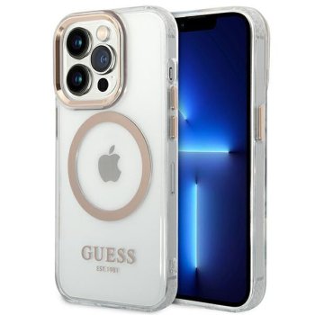 Guess Metal Outline MagSafe vāciņš iPhone 14 Pro - Caurspīdīgs / Zelts