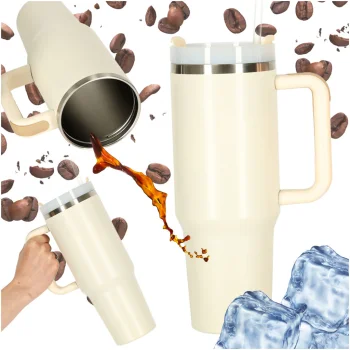 Termokrūze ar salmiņu un rokturi, 1200ml, krēmkrāsa