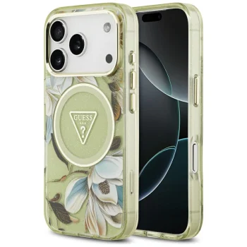 Guess IML Glitter Flowers Triangle MagSafe Maciņš ar MagSafe iPhone 17 Pro – Zaļš | Phone Case Cover