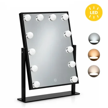 Kosmētikas spogulis ModernHome ar LED apgaismojumu 30x40 cm, 12 spuldzes, melns