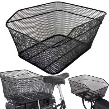 Large metal bike basket for rear rack, sturdy, screw mount, black