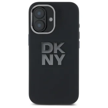 DKNY iPhone 16 vāciņš Liquid Silicone Metal Logo, melns