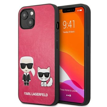 Karl Lagerfeld iPhone 13 mini vāciņš Ikonik Karl & Choupette, fuksijas