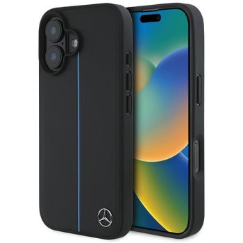 Mercedes iPhone 16 Case Blue Line Leather MagSafe, Black