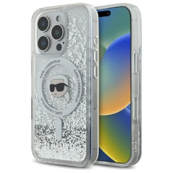 Karl Lagerfeld iPhone 16 Pro vāciņš Liquid Glitter Karl Head MagSafe, caurspīdīgs