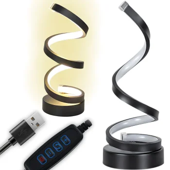 LED spirālveida galda lampa, 3 gaismas krāsas, USB, melna