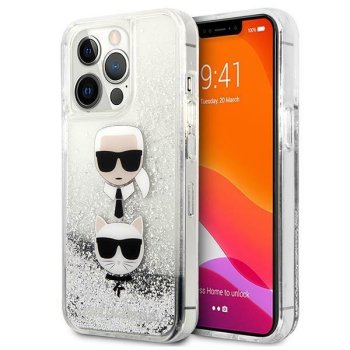 Karl Lagerfeld iPhone 13 Pro Max vāciņš Liquid Glitter Karl & Choupette, sudraba