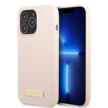 Чехол Guess Silicone Logo Plate MagSafe для iPhone 13 / 13 Pro, розовый