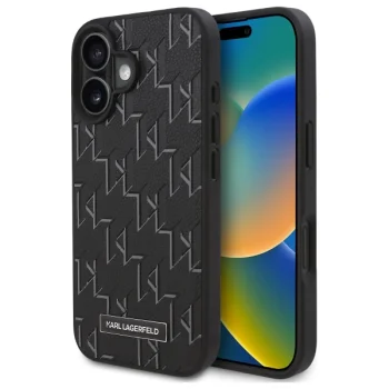 Чехол Karl Lagerfeld для iPhone 16 Plus Leather Monogram Metal Logo, черный