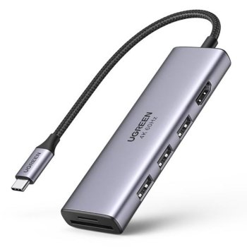 Ugreen 6-in-1 USB-C centrmezgls - 3x USB 3.2 / HDMI 4K 60Hz / SD / TF, pelēks