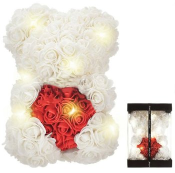 Dāvanu rožu lācītis ar sirdi un LED gaismām, 23 cm, balts ar sarkanu