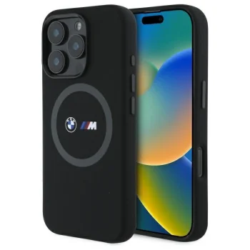 BMW iPhone 16 Pro Max чехол M Silicone Printed Ring MagSafe, черный