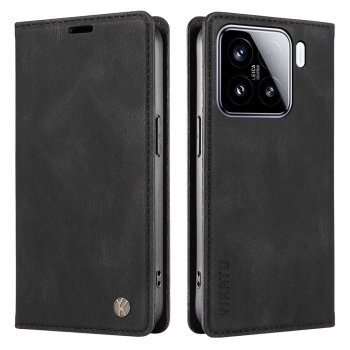 Xiaomi 15 YIKATU Leather Skin-Touch Magnetic Book Cover Case, Black | Telefona Vāciņš Maciņš Apvalks Grāmatiņa