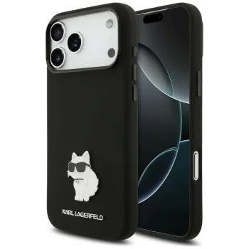 Karl Lagerfeld Choupette Metal Pin silikoonümbris iPhone 18 Pro Max / 17 Pro Max, must