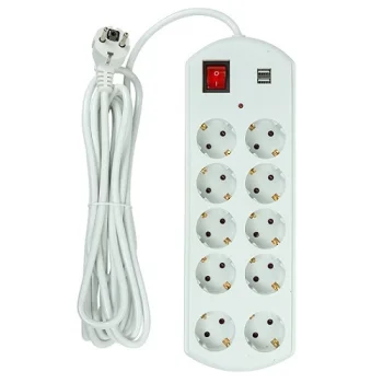 Extension Cord 5m, 10 Sockets, 2x USB, with Switch, White