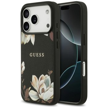 Guess Grained Flowers Classic Logo MagSafe vāciņš iPhone 17 Pro – melns | Phone Case Cover