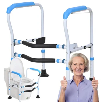 Adjustable toilet support rail for seniors with non-slip handles