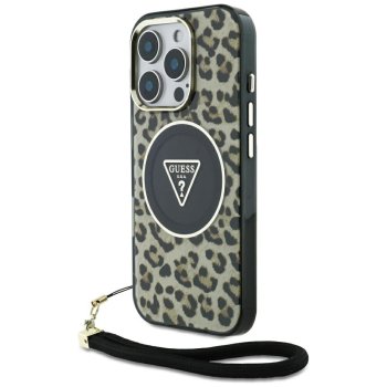 Guess HC IML Leopard Triangle Cord Strap MagSafe Phone Case Cover iPhone 16 Pro Max - Brown