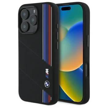 Чехол BMW для iPhone 16 Pro Max Silicone Cut Tricolor Lines MagSafe, черный