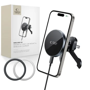 Tech-Protect MM15W-V5 magnētiskais MagSafe auto turētājs ar 15W lādētāju, melns