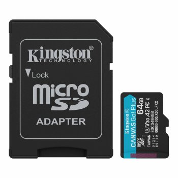 Atmiņas karte Kingston 64GB microSDXC Canvas Go Plus 200MBps A2 U3 V30 ar adapteri, melna