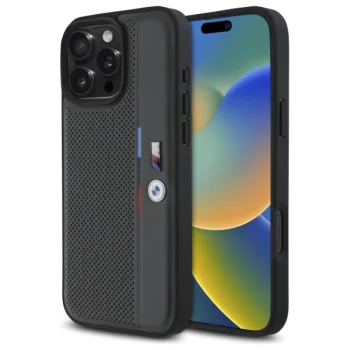 Чехол BMW для iPhone 16 Pro M Perforated Tricolor Detail Line, темно-серый